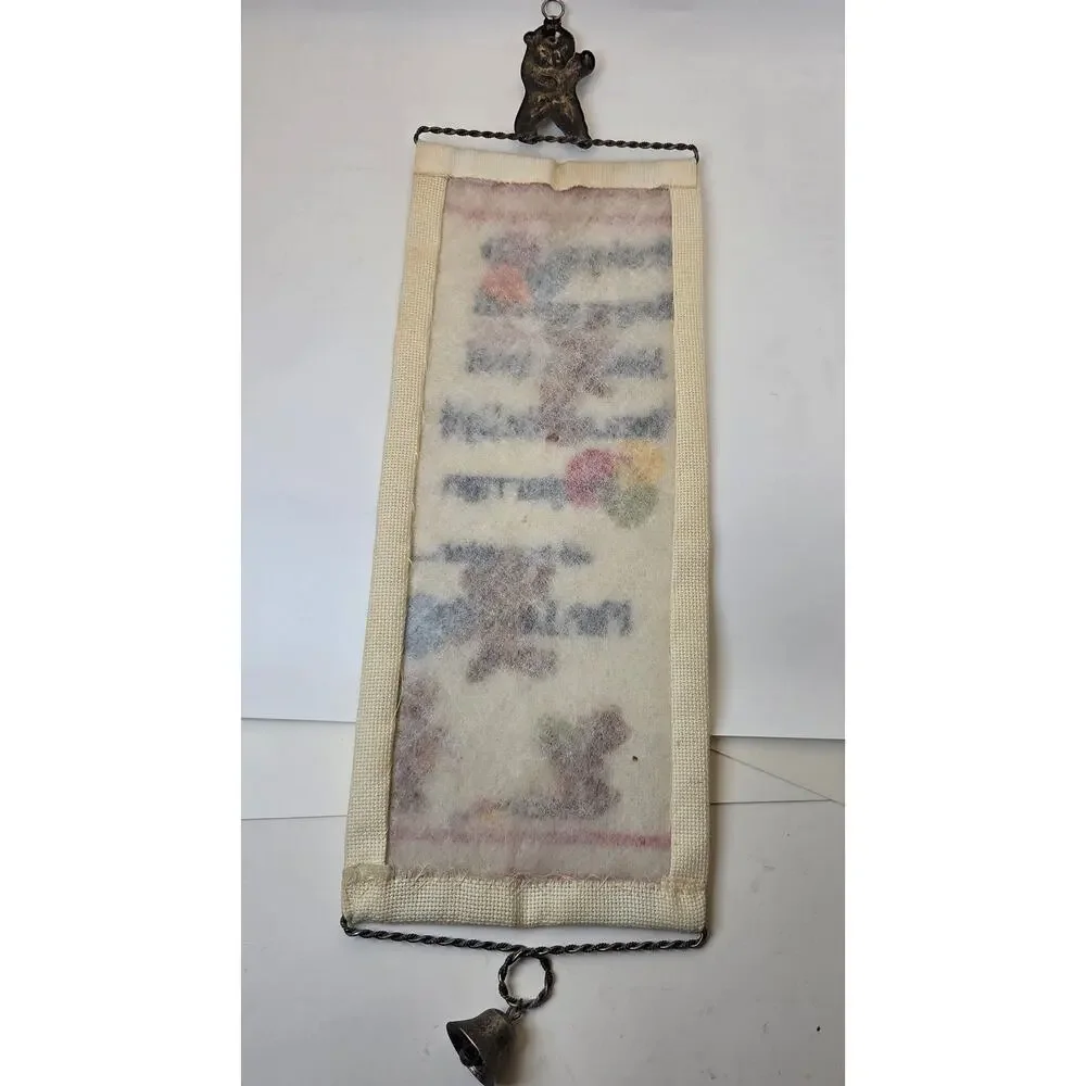 Vintage Teddy Bear Needlepoint Wall Hanging Bell Mom Loves You Nursery Decor